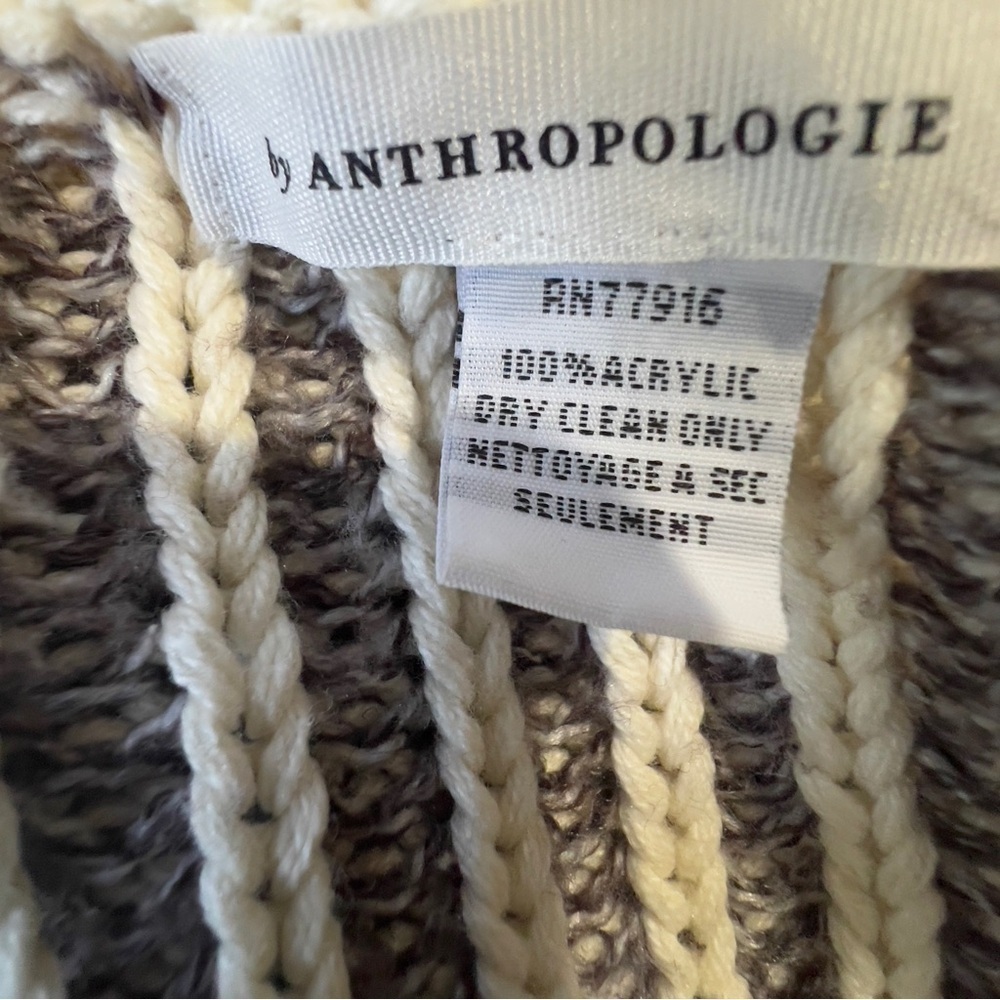 Anthropologie knitted poncho/shawl, cream & brown w/cream fringe, OS, Preowned. - Picture 6 of 7